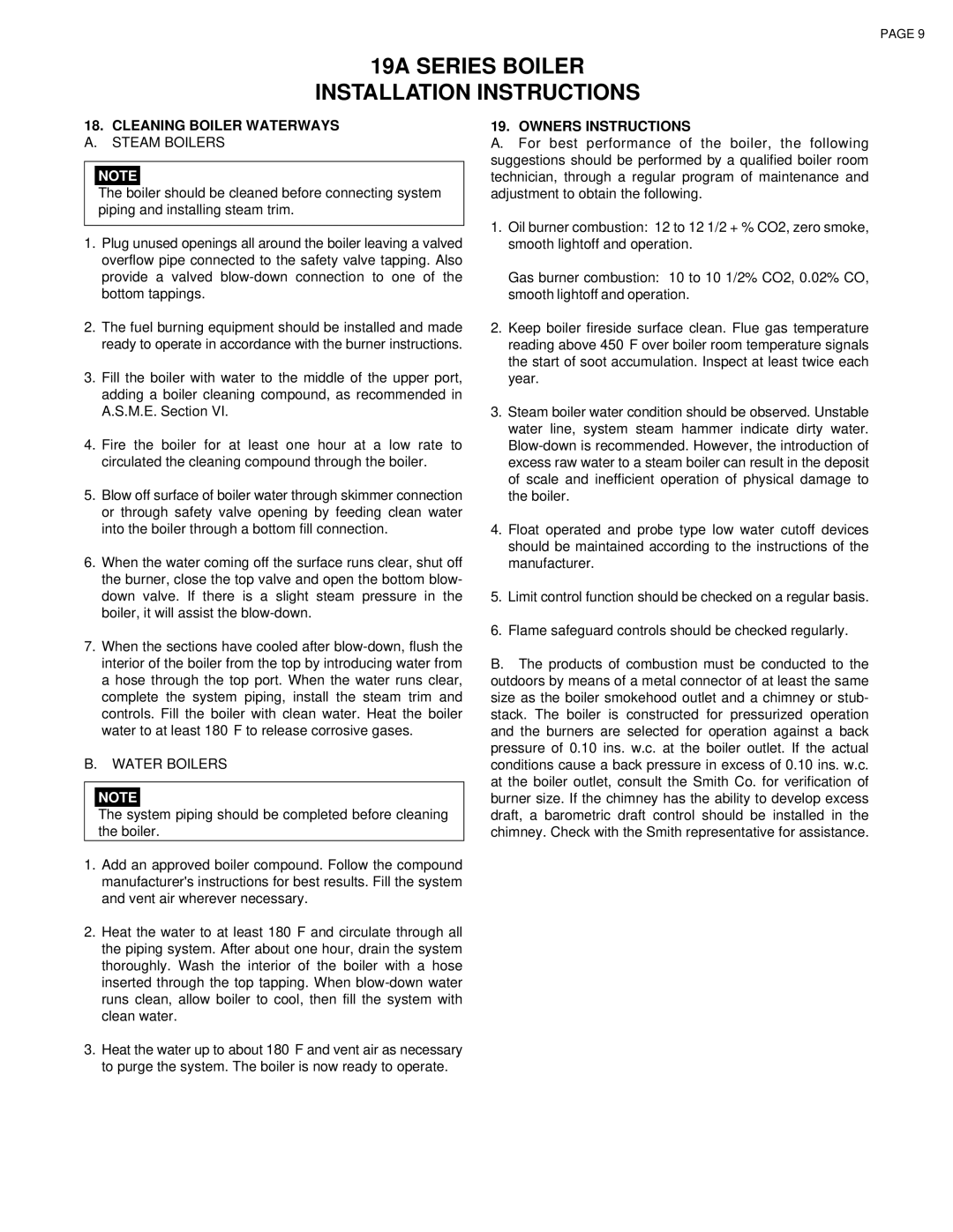 Smith Cast Iron Boilers 19A SERIES installation instructions Cleaning Boiler Waterways, Owners Instructions 