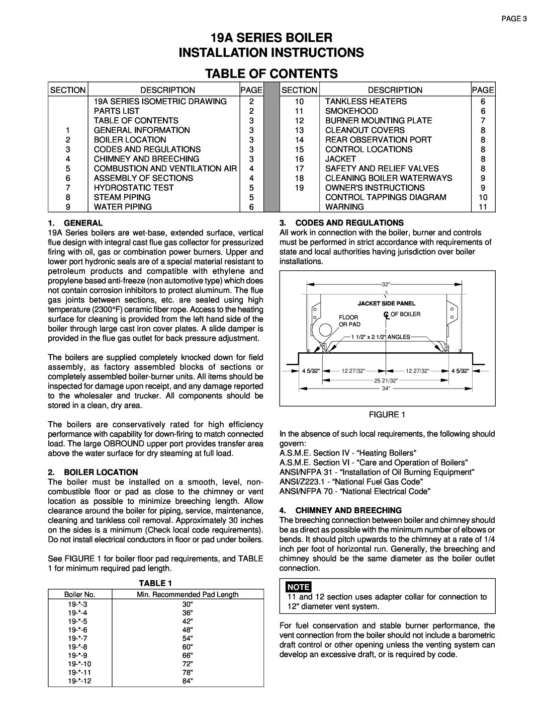 Smith Cast Iron Boilers Table Of Contents, 19A SERIES BOILER INSTALLATION INSTRUCTIONS, General, Boiler Location 