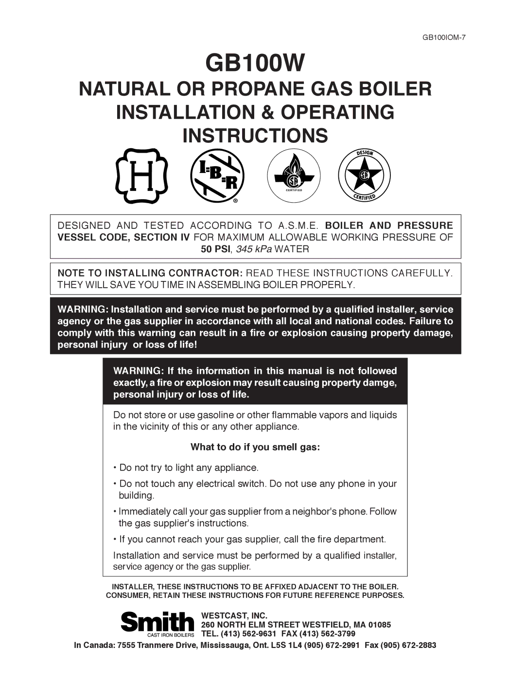 Smith Cast Iron Boilers GB100W manual 