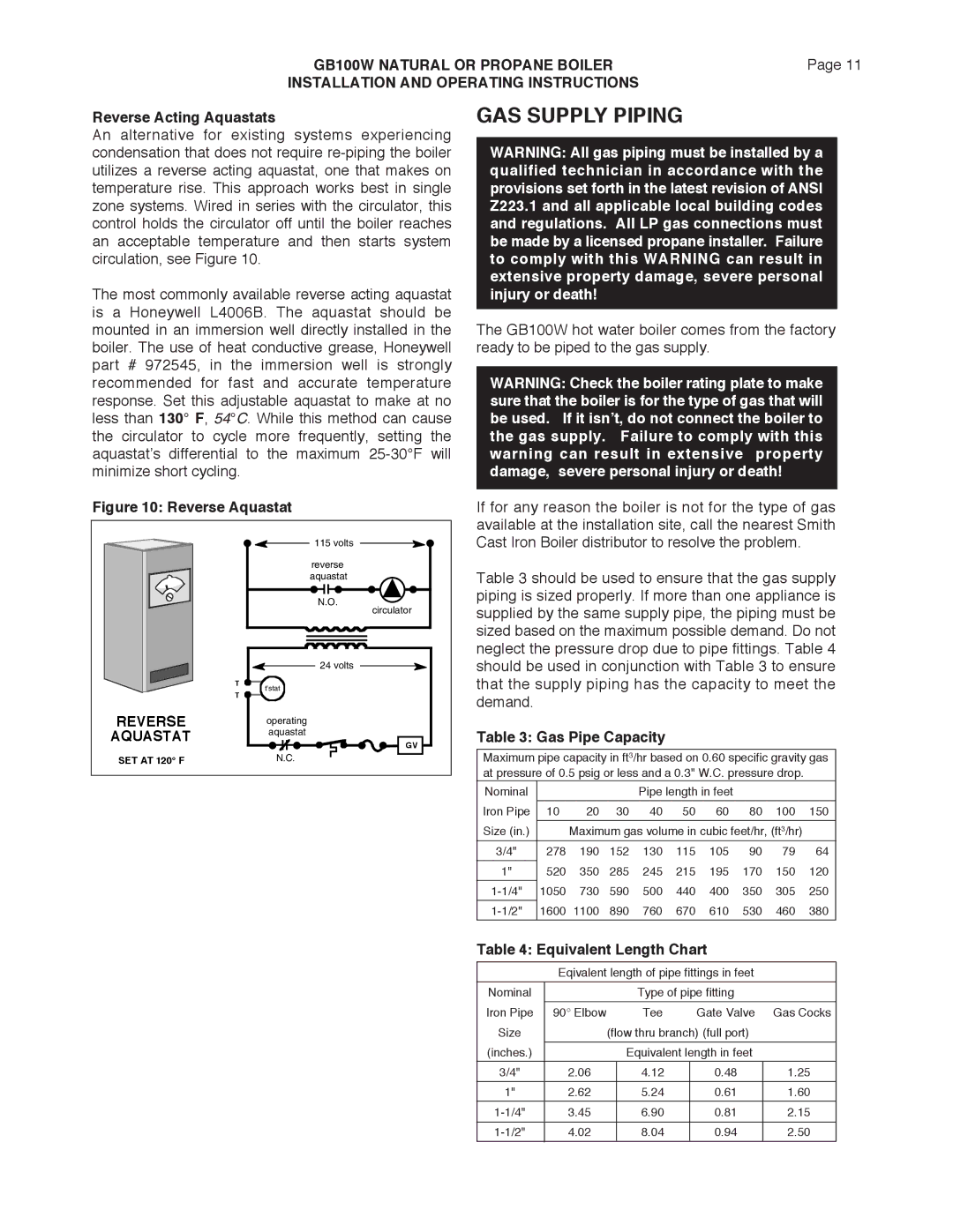 Smith Cast Iron Boilers GB100W GAS Supply Piping, Reverse Acting Aquastats, Gas Pipe Capacity, Equivalent Length Chart 