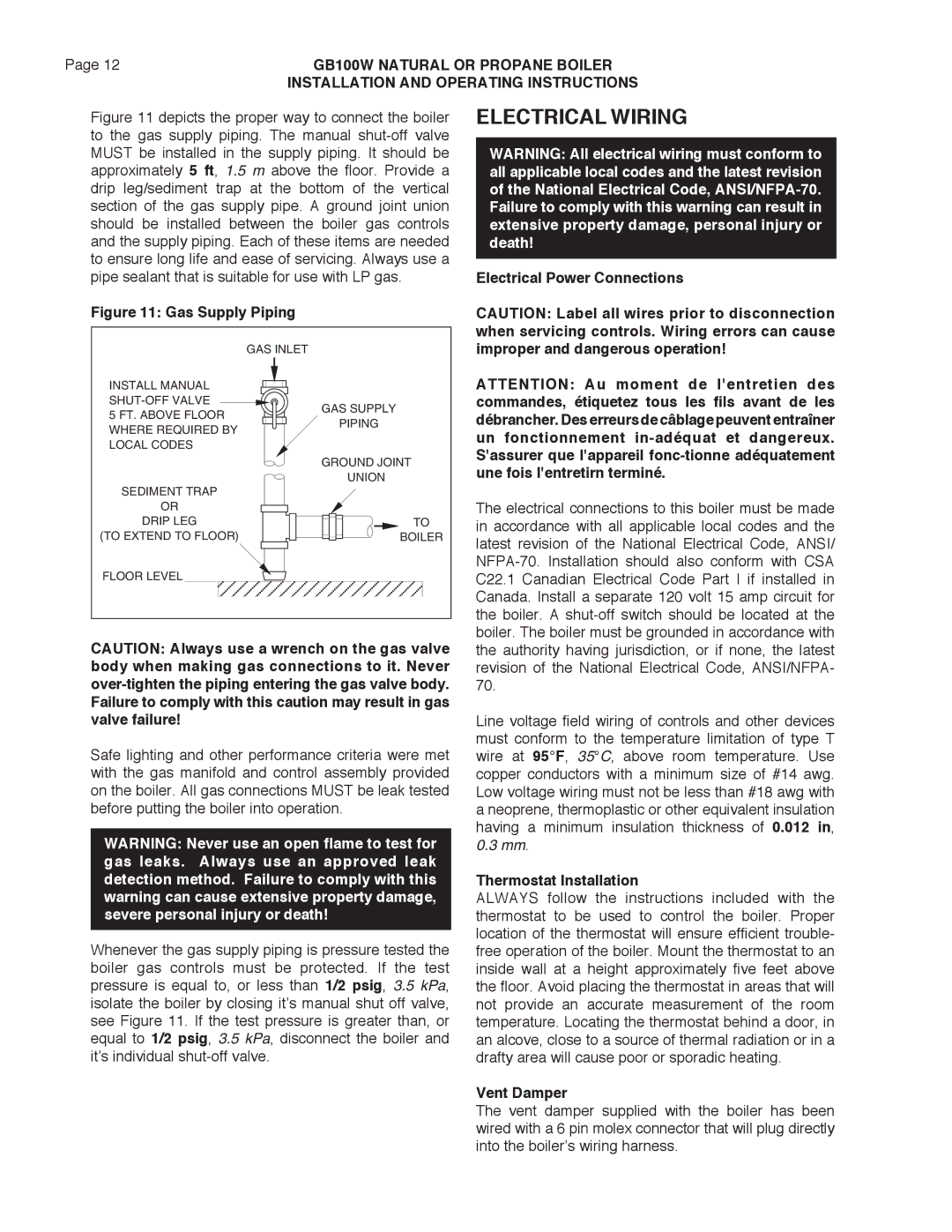 Smith Cast Iron Boilers GB100W manual Electrical Wiring, Electrical Power Connections, Thermostat Installation, Vent Damper 