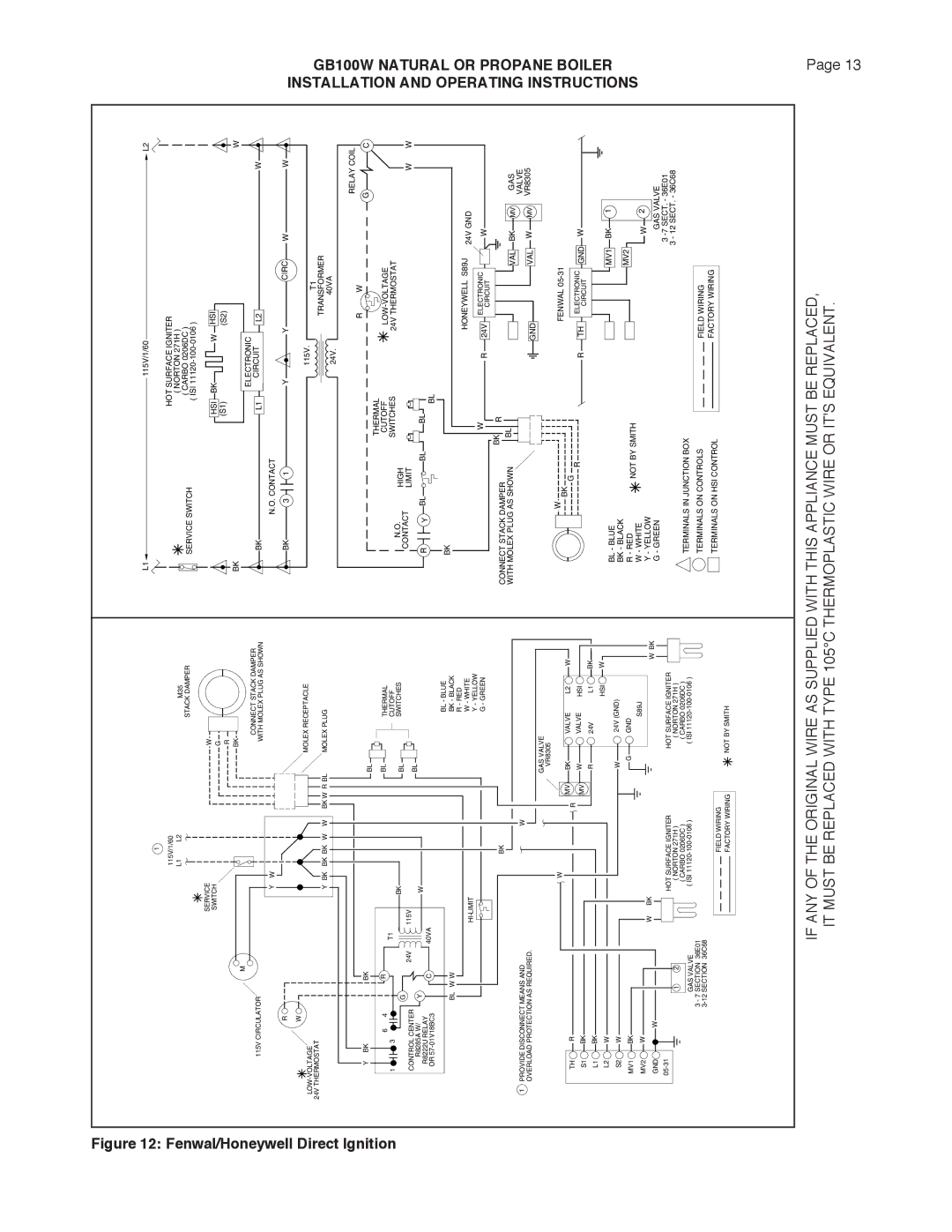 Smith Cast Iron Boilers GB100W manual Theoriginalwire Bereplacedwith Ifanyof Itmust, Fenwal/Honeywell Direct Ignition 