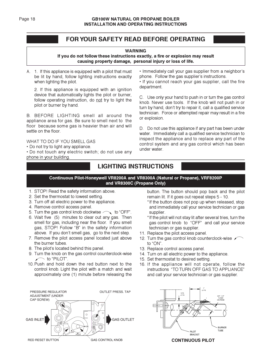 Smith Cast Iron Boilers GB100W For Your Safety Read Before Operating, Lighting Instructions, What to do if YOU Smell GAS 