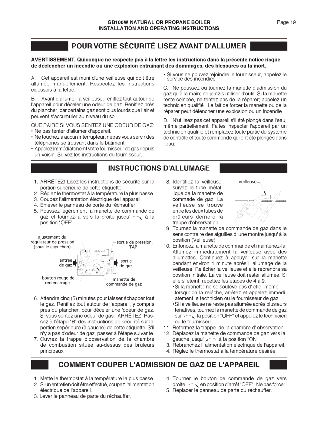 Smith Cast Iron Boilers GB100W manual Pour Votre Sécurité Lisez Avant Dallumer, Instructions Dallumage 