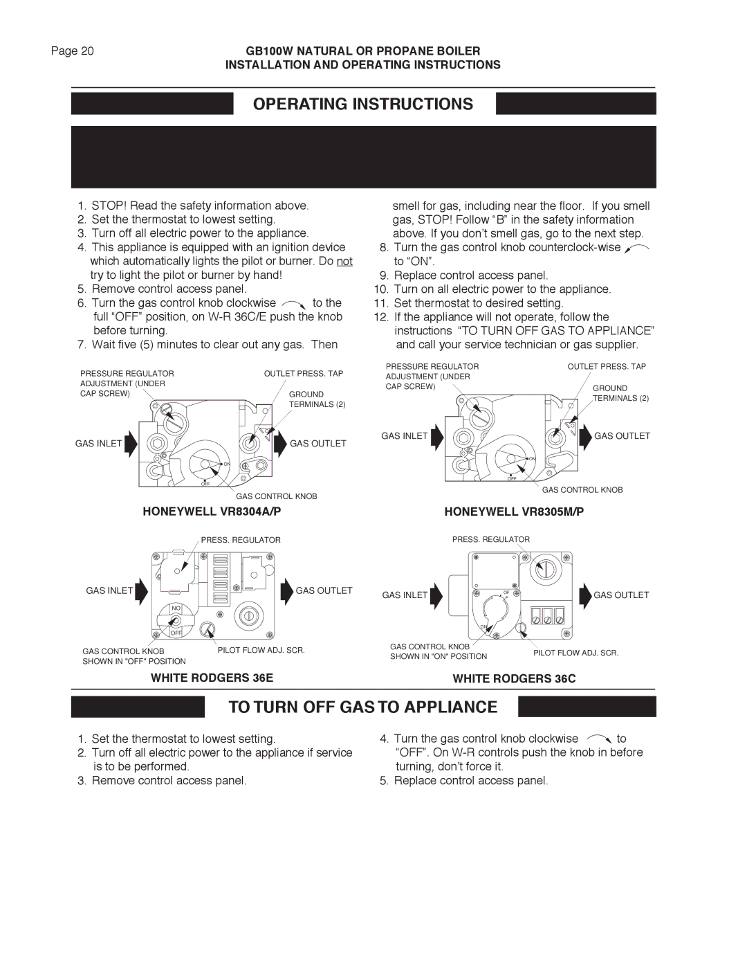 Smith Cast Iron Boilers GB100W manual Operating Instructions, To Turn OFF GAS to Appliance 