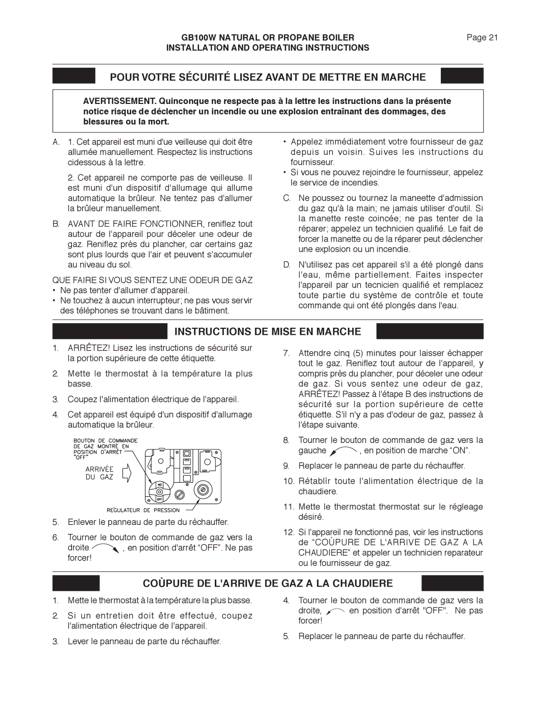 Smith Cast Iron Boilers GB100W manual Pour Votre Sécurité Lisez Avant DE Mettre EN Marche 