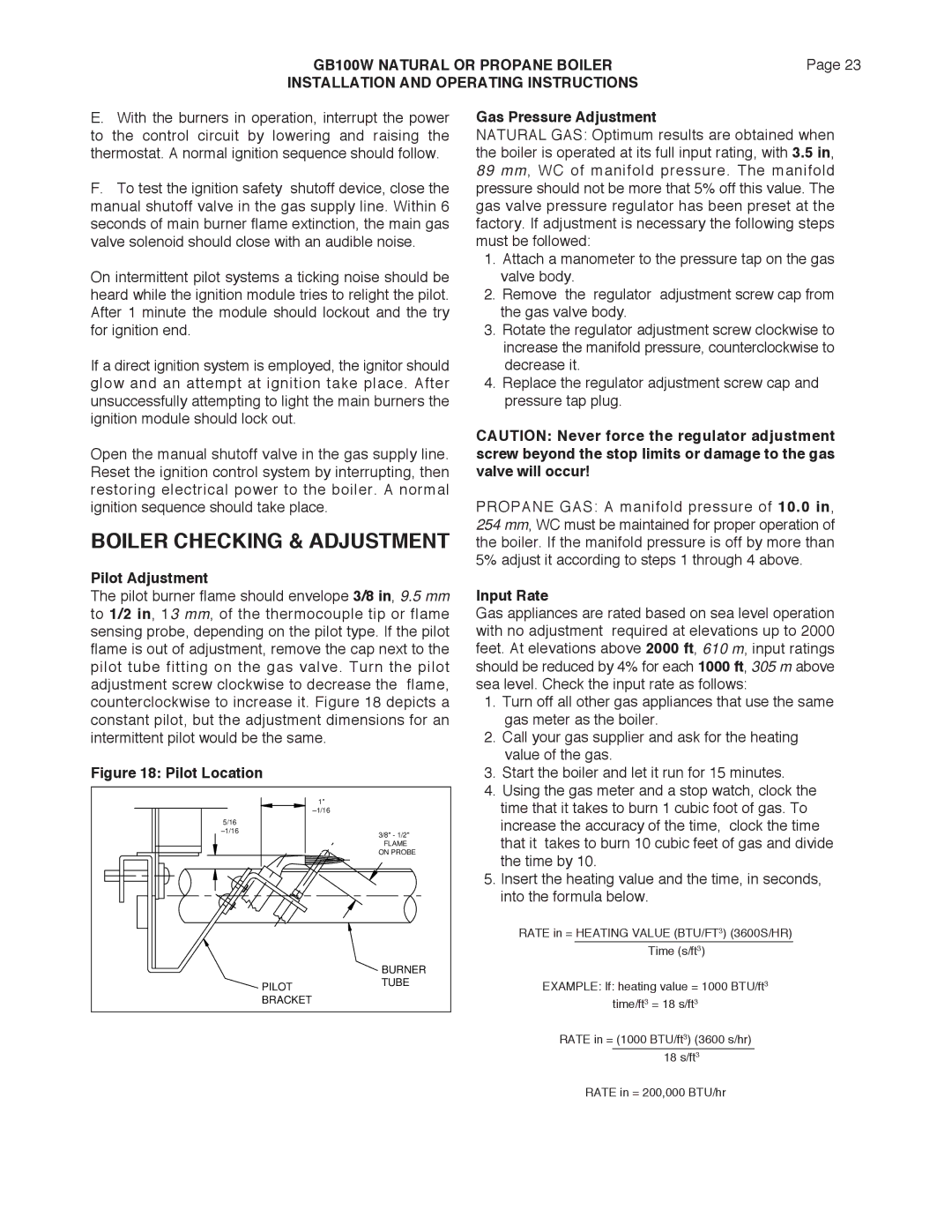 Smith Cast Iron Boilers GB100W manual Boiler Checking & Adjustment, Pilot Adjustment, Gas Pressure Adjustment, Input Rate 