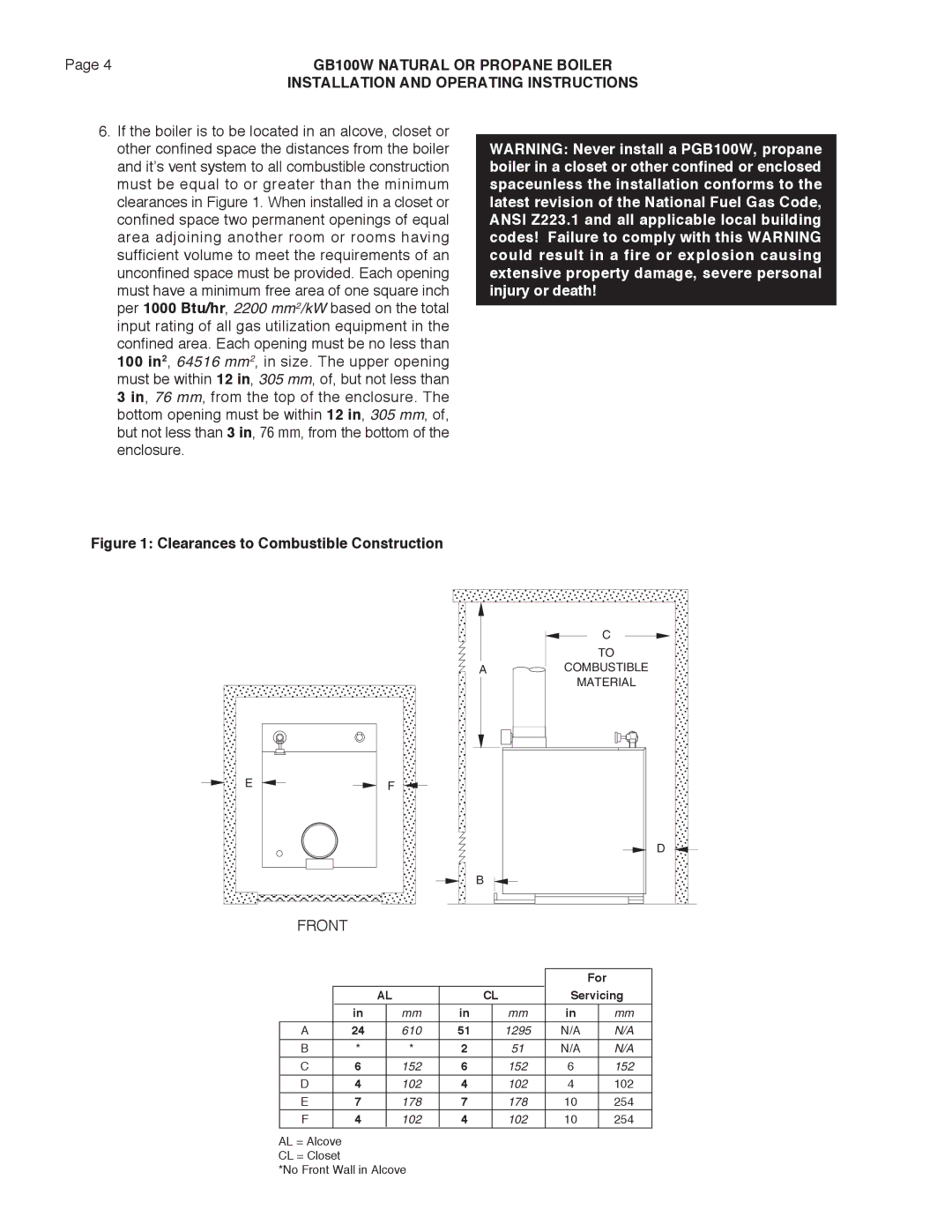 Smith Cast Iron Boilers GB100W manual Clearances to Combustible Construction, Front 