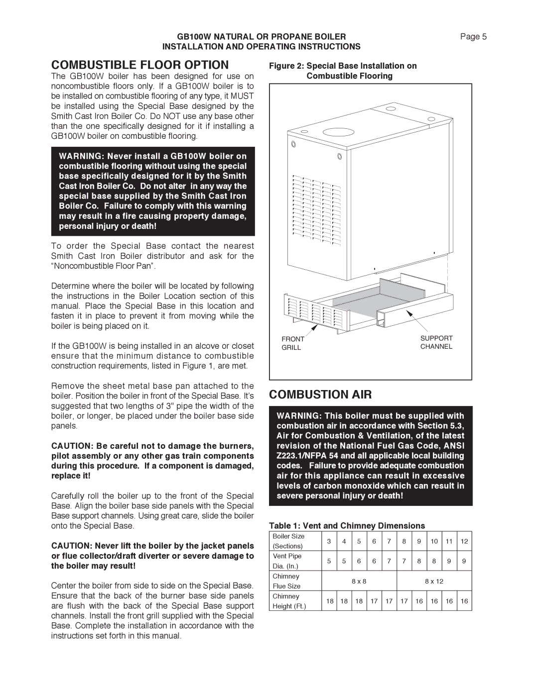 Smith Cast Iron Boilers GB100W manual Combustible Floor Option, Combustion AIR, Vent and Chimney Dimensions 