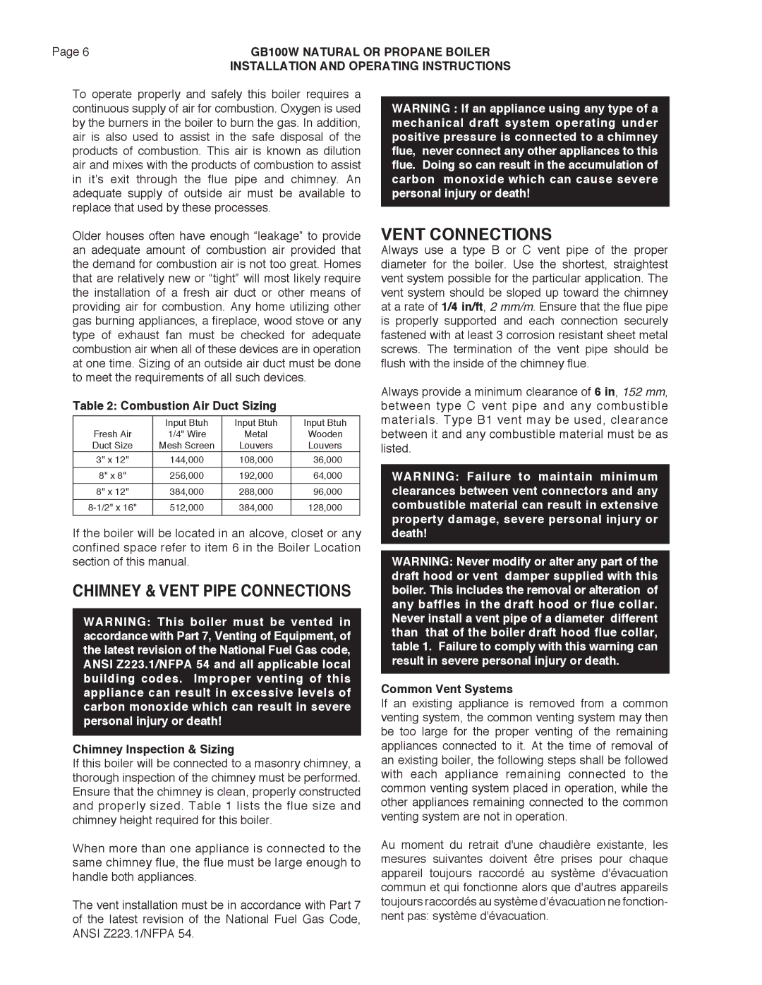 Smith Cast Iron Boilers GB100W manual Vent Connections, Combustion Air Duct Sizing, Chimney Inspection & Sizing 