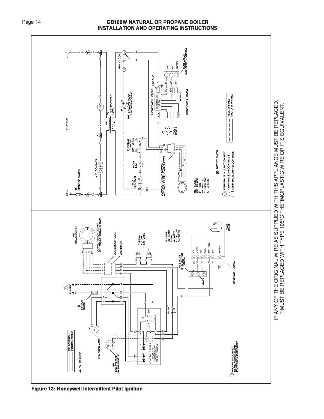 Smith Cast Iron Boilers manual Page, Honeywell Intermittent Pilot Ignition, GB100W NATURAL OR PROPANE BOILER, Assupplied 