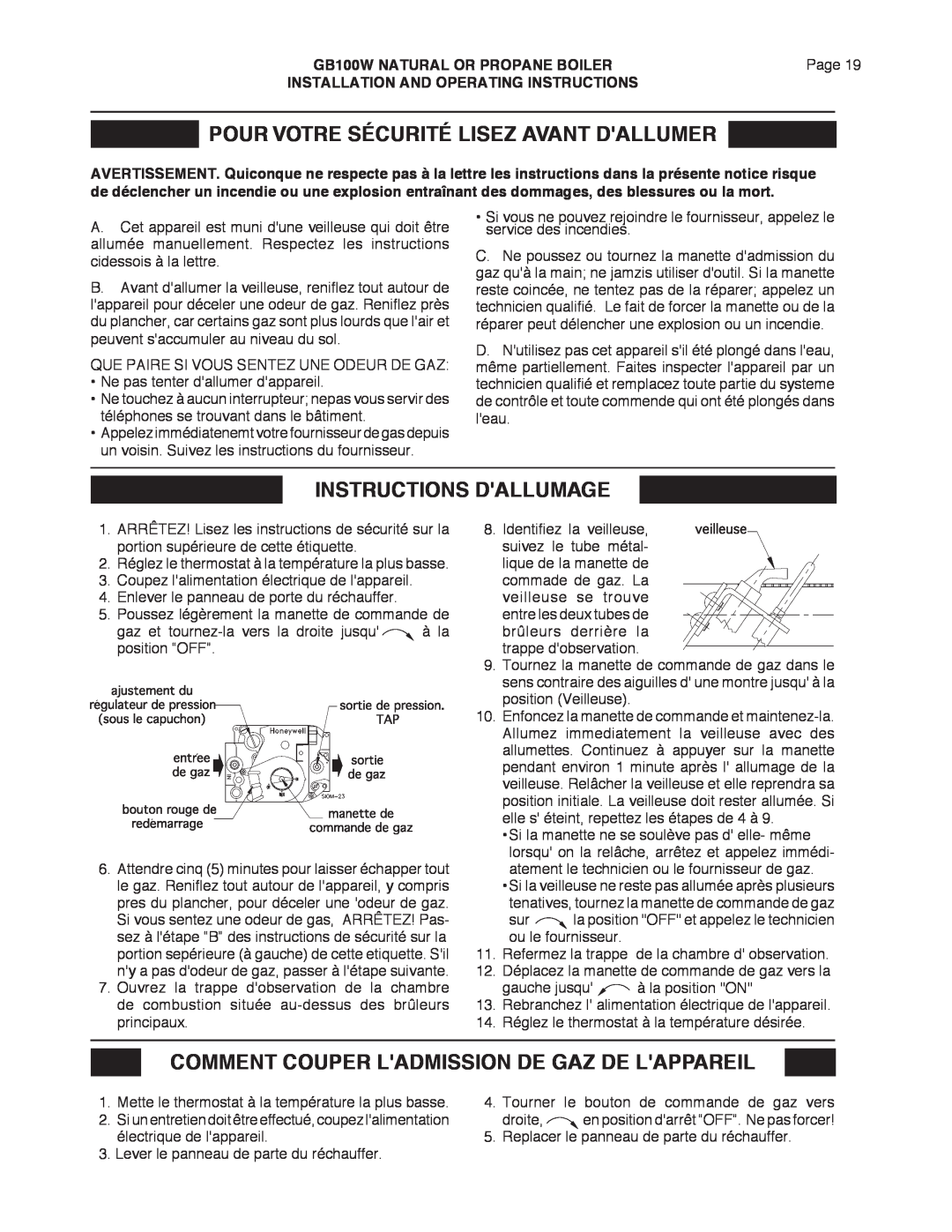Smith Cast Iron Boilers GB100W manual Pour Votre Sécurité Lisez Avant Dallumer, Instructions Dallumage 