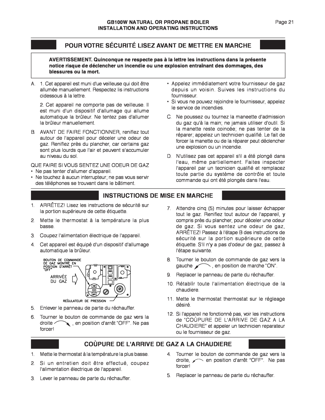Smith Cast Iron Boilers GB100W manual Instructions De Mise En Marche, Coùpure De Larrive De Gaz A La Chaudiere 