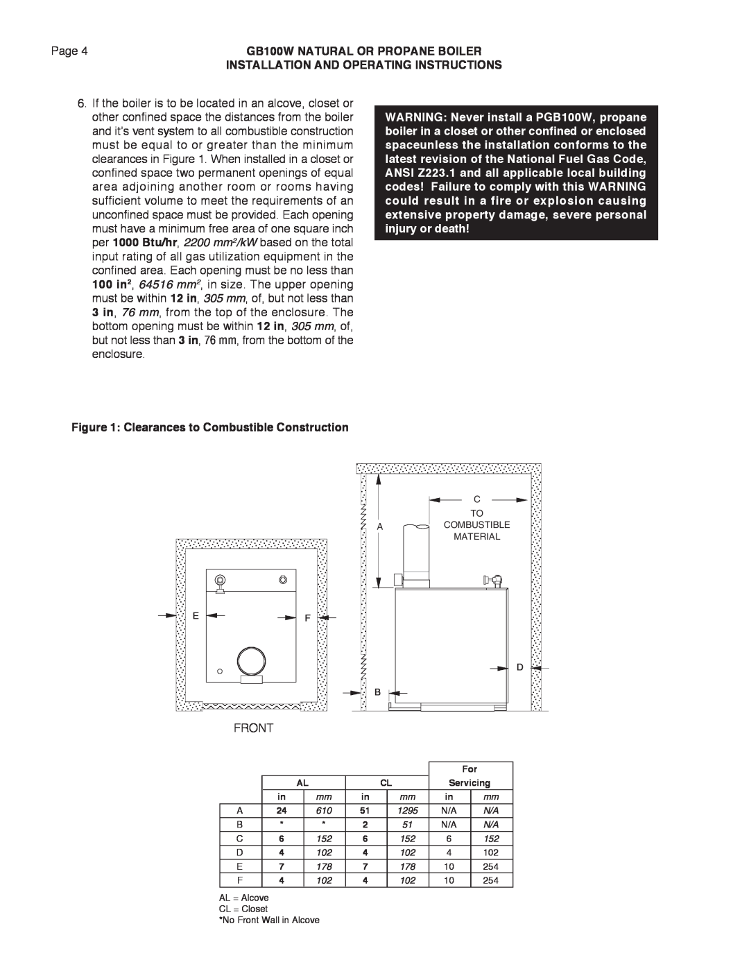 Smith Cast Iron Boilers manual Page, Clearances to Combustible Construction, Front, GB100W NATURAL OR PROPANE BOILER 