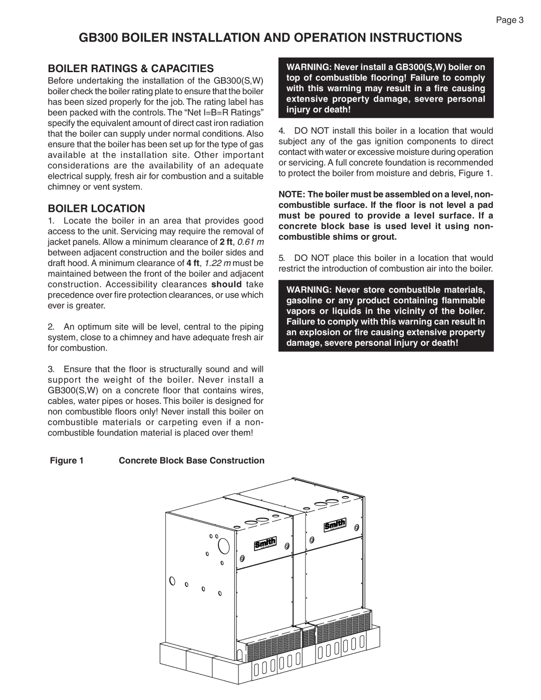 Smith Cast Iron Boilers GB300 warranty Boiler Ratings & Capacities, Boiler Location, Concrete Block Base Construction 