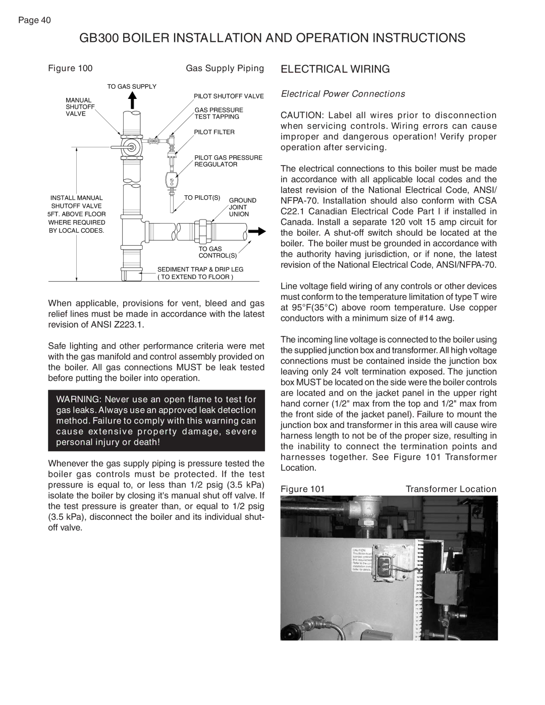 Smith Cast Iron Boilers GB300 Electrical Wiring, Gas Supply Piping, Electrical Power Connections, Transformer Location 