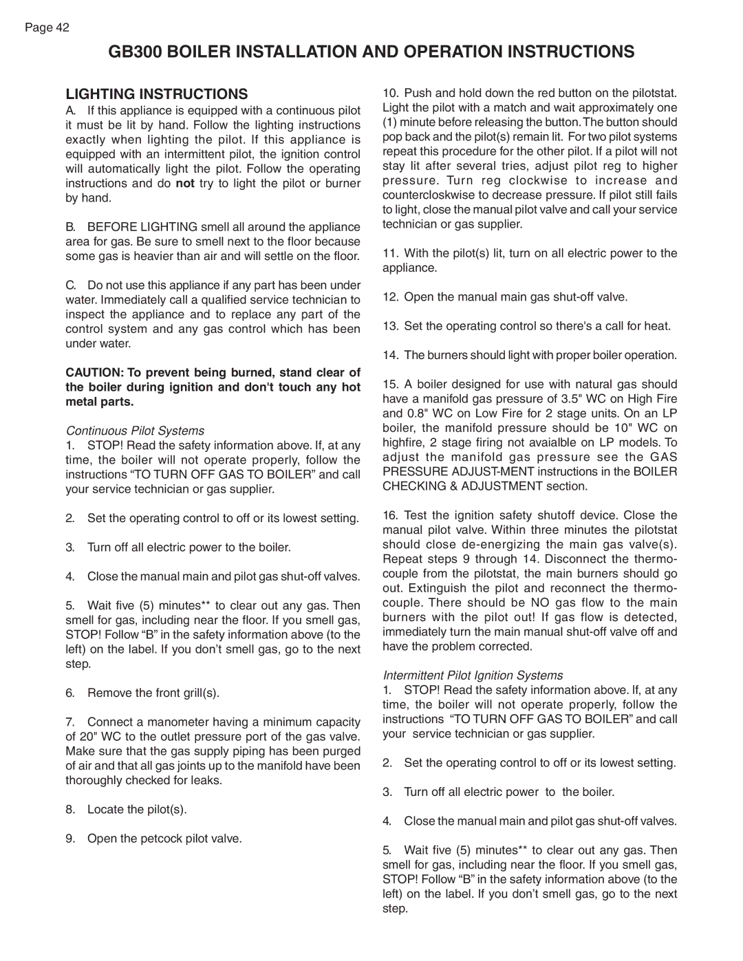 Smith Cast Iron Boilers GB300 warranty Lighting Instructions, Continuous Pilot Systems, Intermittent Pilot Ignition Systems 