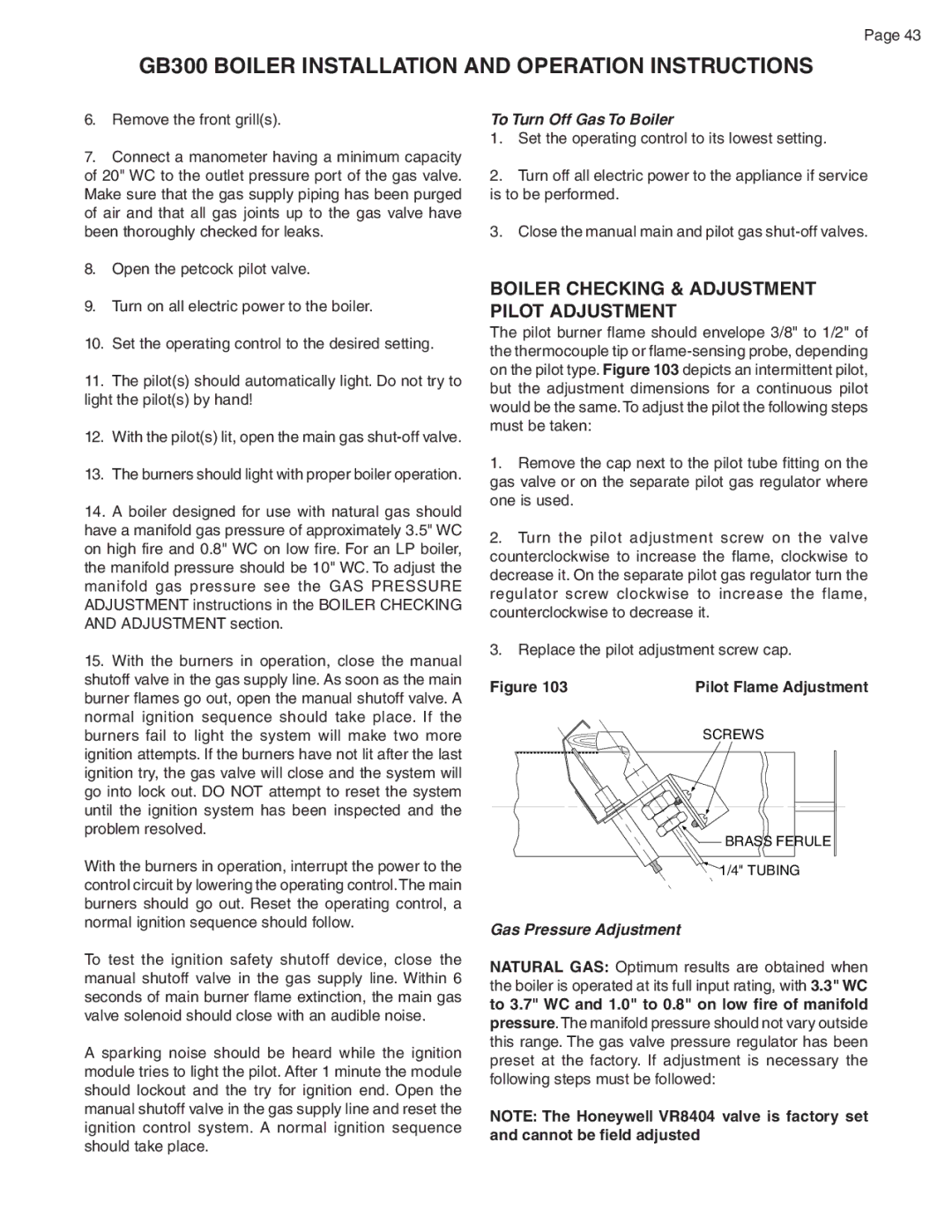 Smith Cast Iron Boilers GB300 warranty Boiler Checking & Adjustment Pilot Adjustment, To Turn Off Gas To Boiler 