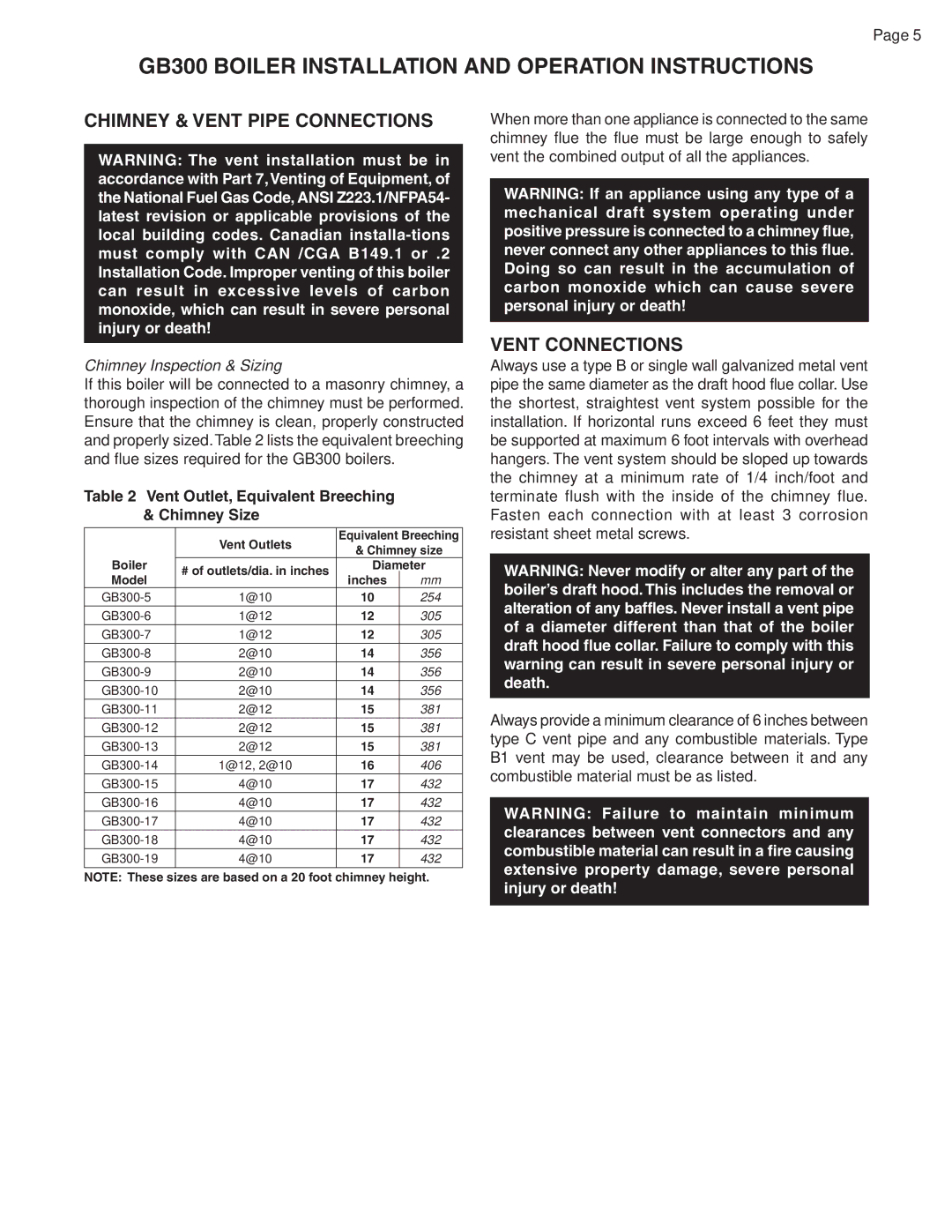 Smith Cast Iron Boilers GB300 warranty Chimney & Vent Pipe Connections, Vent Connections, Chimney Inspection & Sizing 