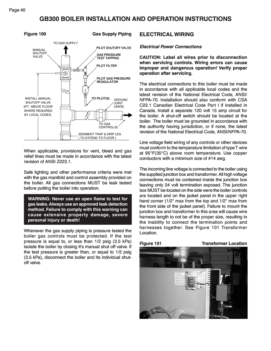 Smith Cast Iron Boilers GB300 warranty Figure, Gas Supply Piping, Electrical Power Connections, Transformer Location 