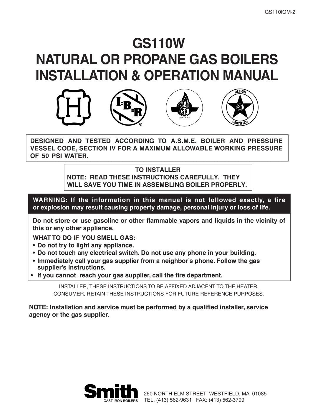 Smith Cast Iron Boilers GS110W operation manual 