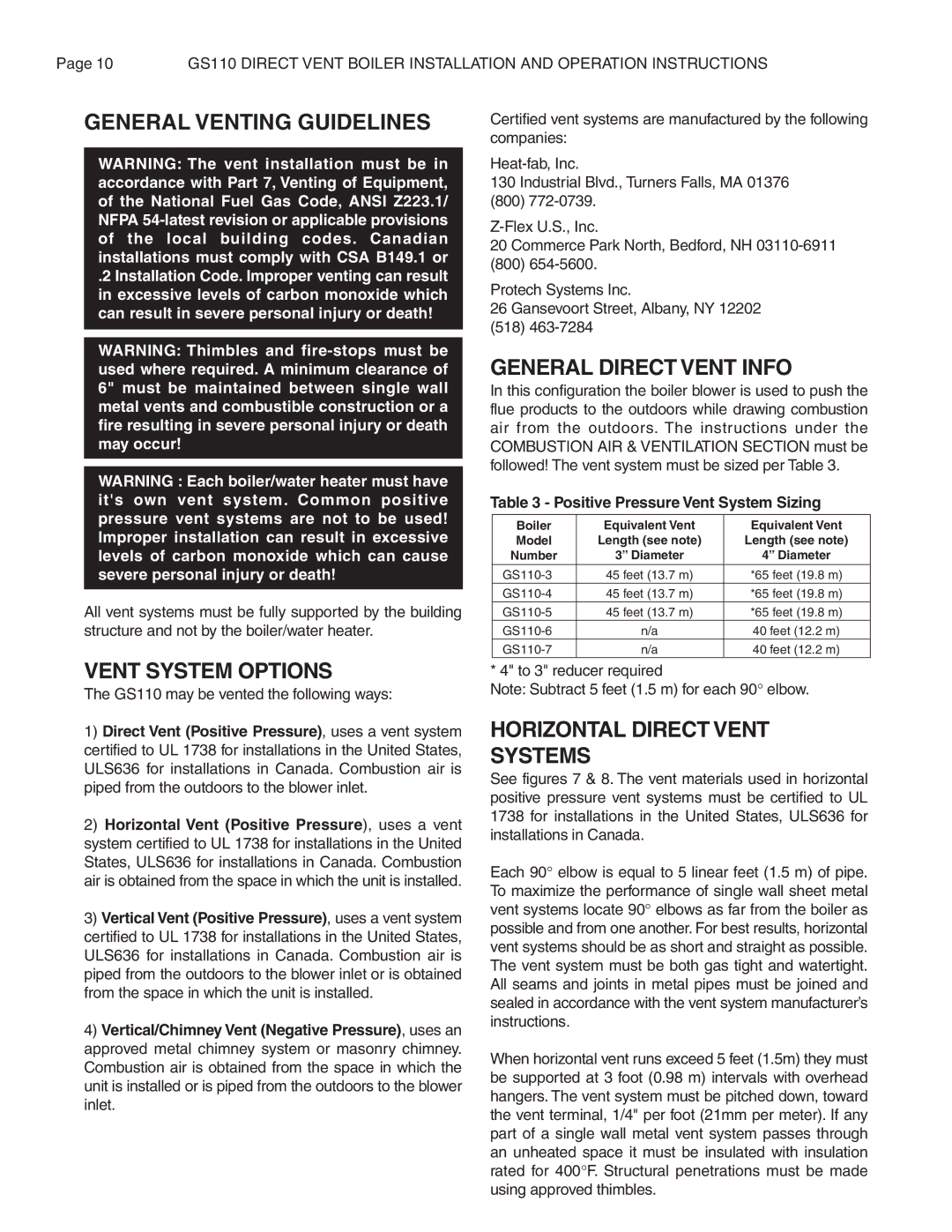 Smith Cast Iron Boilers GS110W operation manual General Venting Guidelines, General Direct Vent Info, Vent System Options 