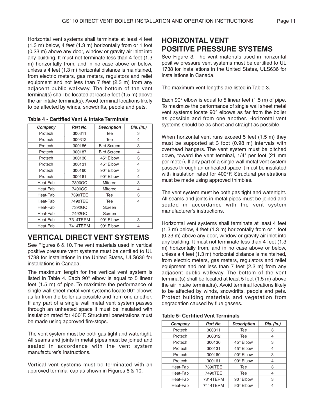 Smith Cast Iron Boilers GS110W operation manual Vertical Direct Vent Systems, Horizontal Vent Positive Pressure Systems 