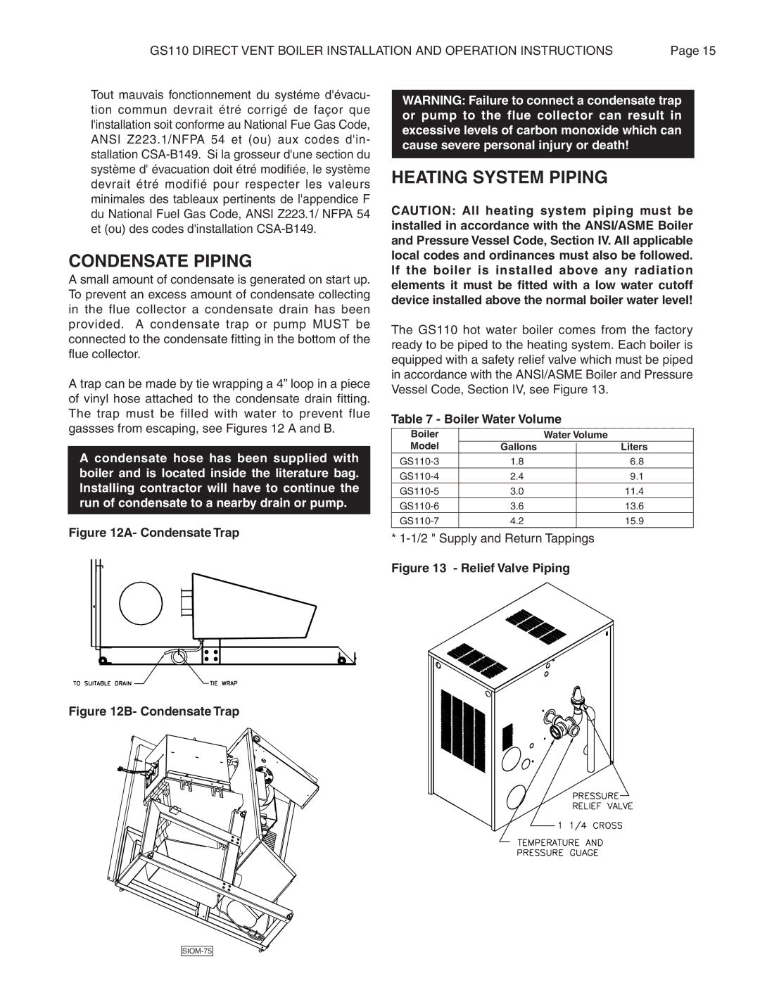 Smith Cast Iron Boilers GS110W operation manual Condensate Piping, Heating System Piping, Boiler Water Volume 