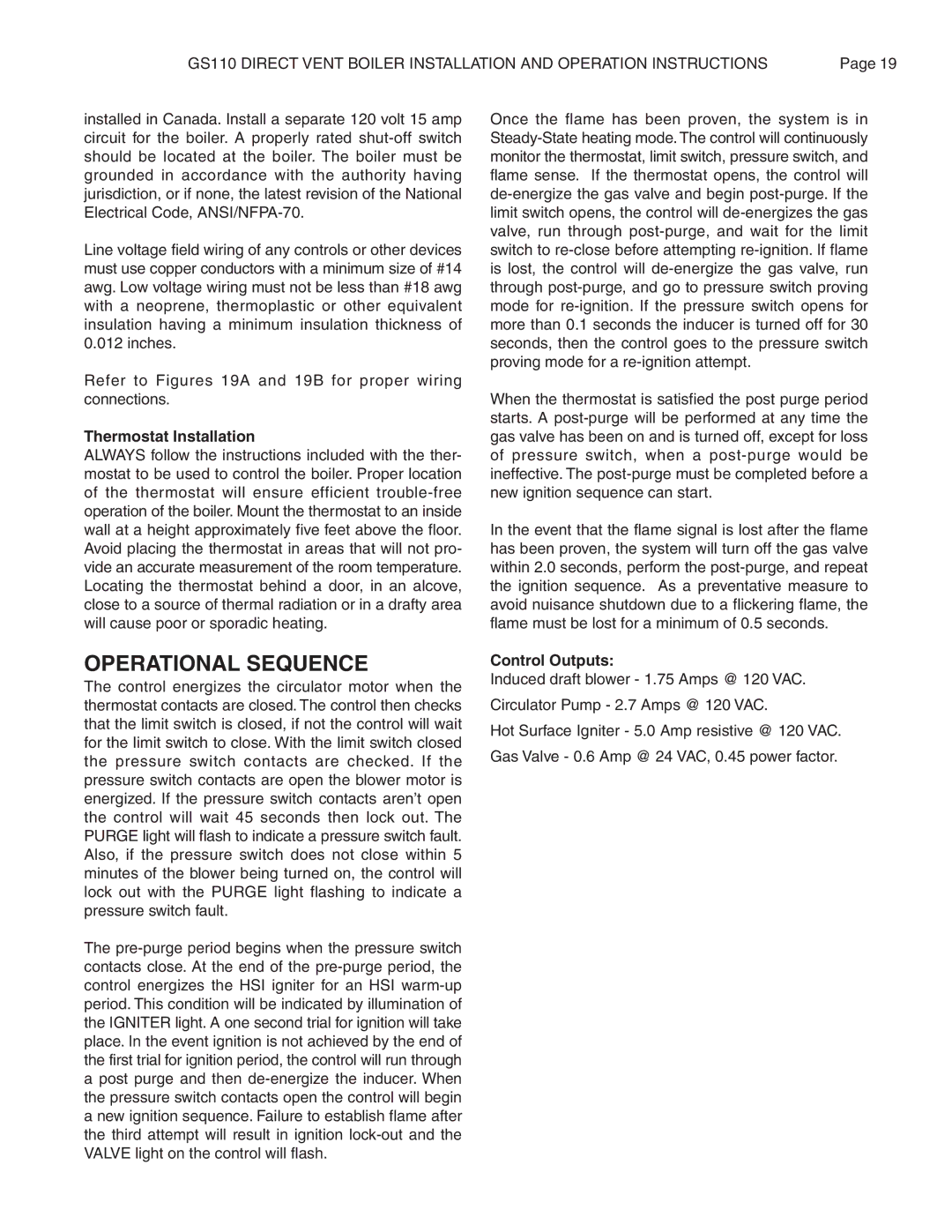 Smith Cast Iron Boilers GS110W operation manual Operational Sequence, Thermostat Installation, Control Outputs 