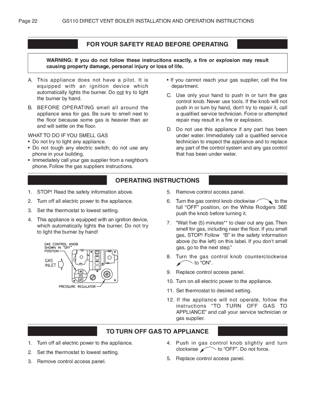 Smith Cast Iron Boilers GS110W operation manual For Your Safety Read Before Operating 