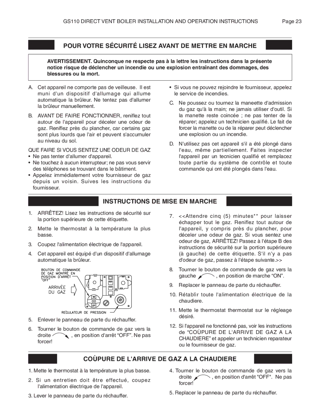 Smith Cast Iron Boilers GS110W operation manual Pour Votre Sécurité Lisez Avant DE Mettre EN Marche 