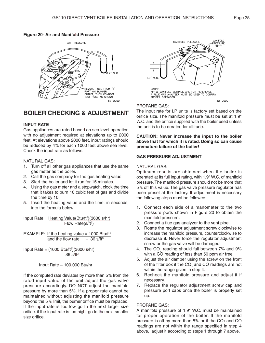 Smith Cast Iron Boilers GS110W operation manual Boiler Checking & Adjustment, Air and Manifold Pressure 