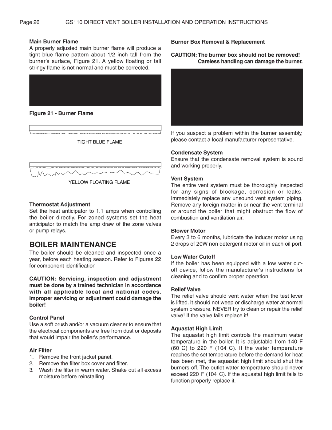 Smith Cast Iron Boilers GS110W operation manual Boiler Maintenance 