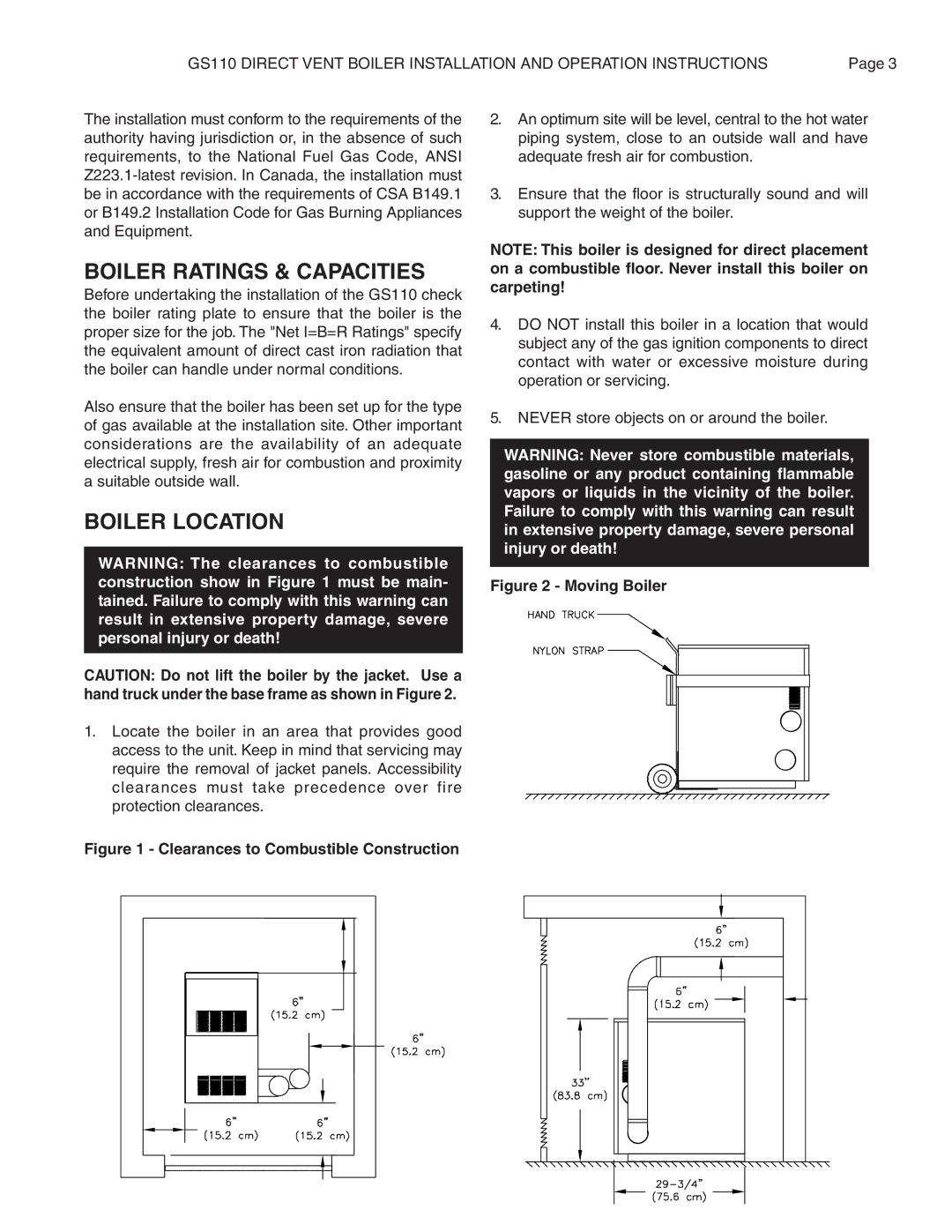 Smith Cast Iron Boilers GS110W operation manual Boiler Ratings & Capacities, Boiler Location 