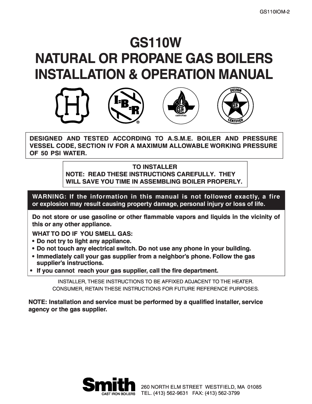 Smith Cast Iron Boilers GS110W operation manual 