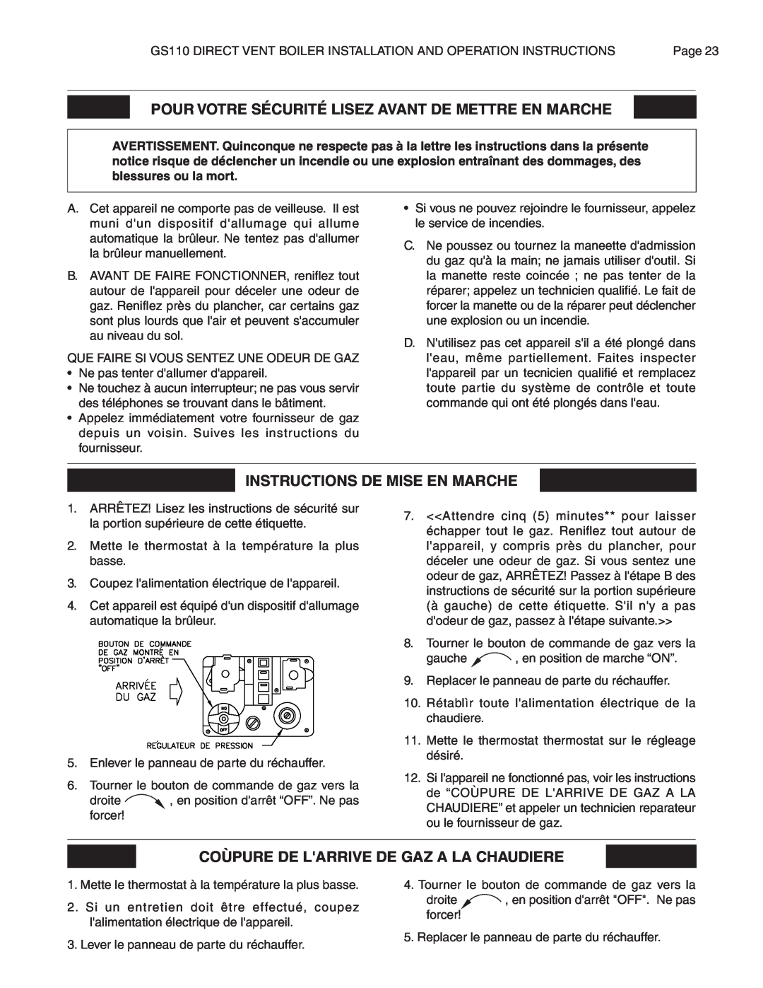 Smith Cast Iron Boilers GS110W operation manual Instructions De Mise En Marche, Coùpure De Larrive De Gaz A La Chaudiere 