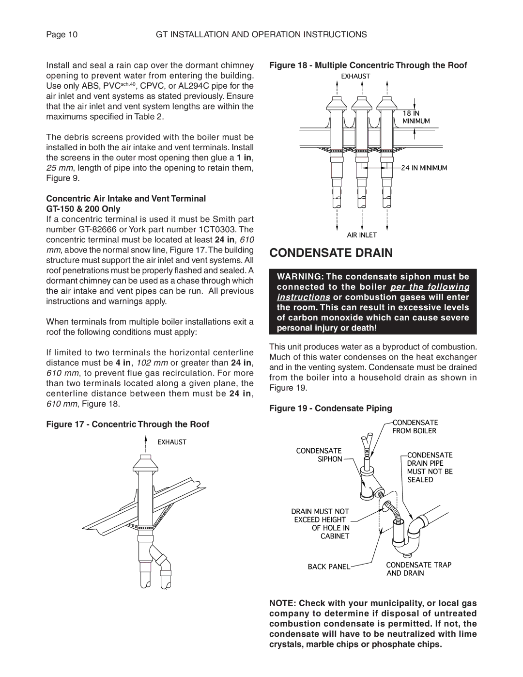 Smith Cast Iron Boilers GT Series manual Condensate Drain, Concentric Through the Roof 