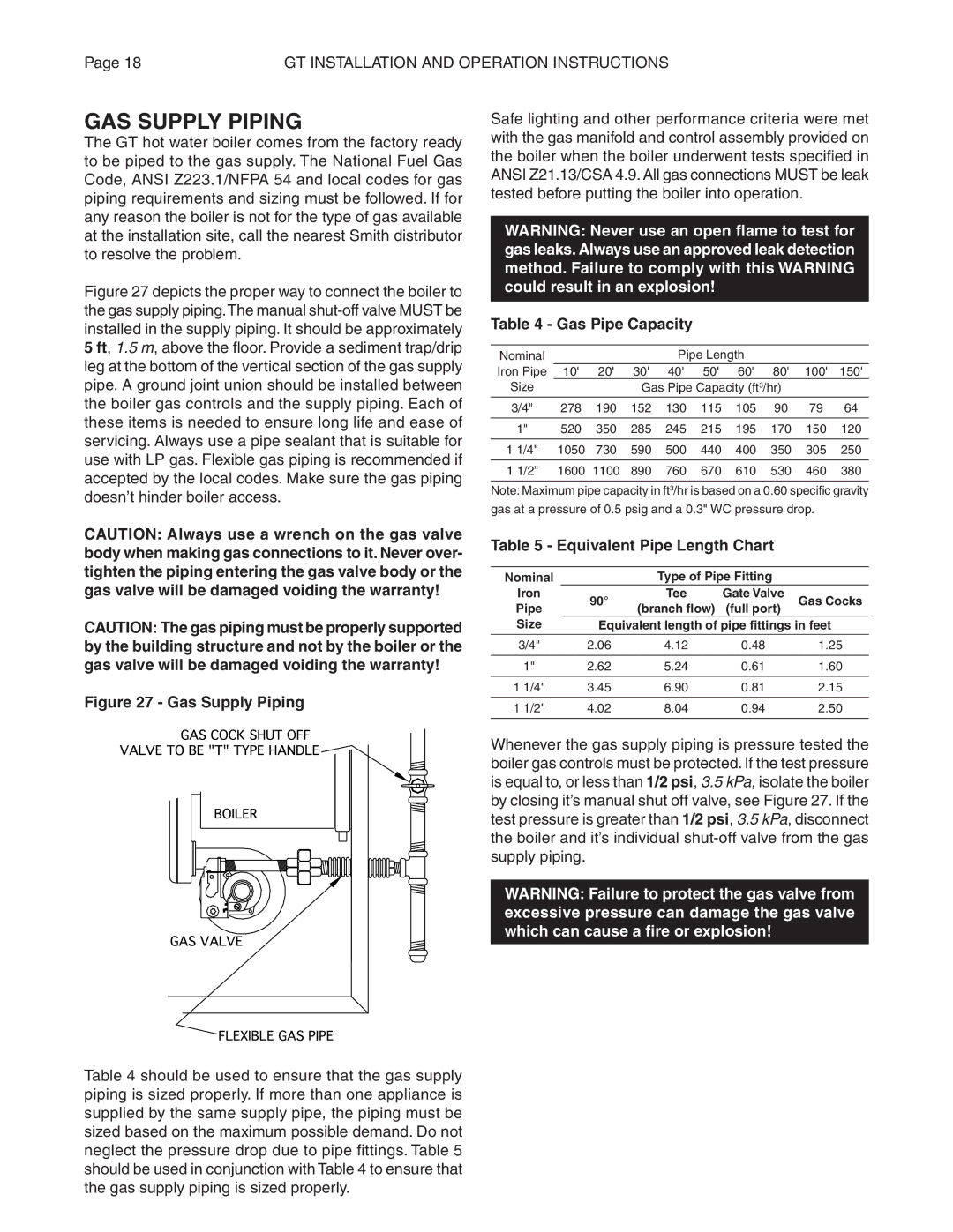 Smith Cast Iron Boilers GT Series manual GAS Supply Piping, Gas Pipe Capacity, Equivalent Pipe Length Chart 