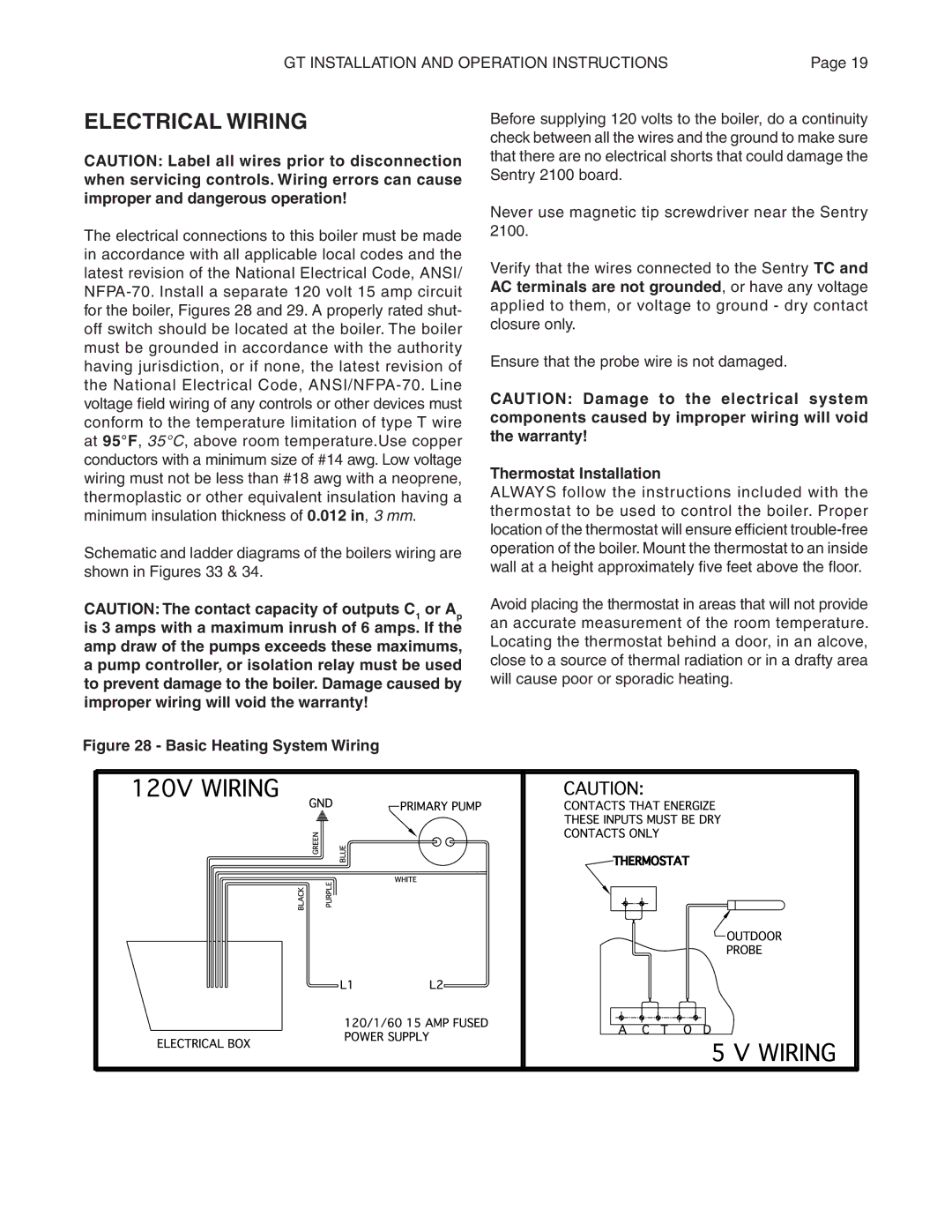 Smith Cast Iron Boilers GT Series manual Electrical Wiring, Thermostat Installation 