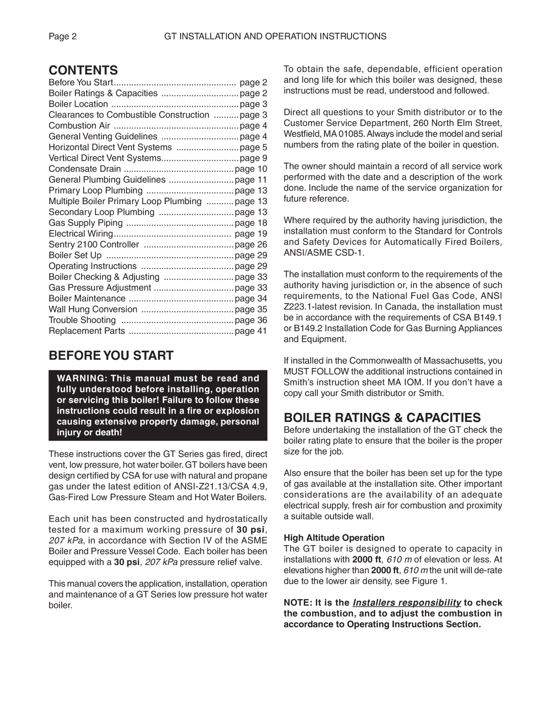 Smith Cast Iron Boilers GT Series manual Contents, Before YOU Start, Boiler Ratings & Capacities 