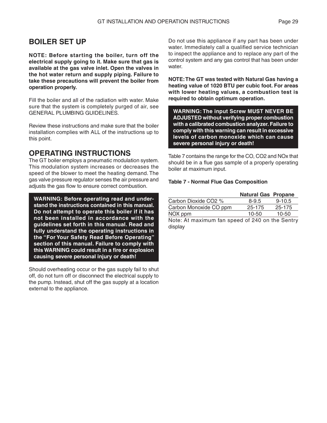 Smith Cast Iron Boilers GT Series Boiler SET UP, Operating Instructions, Normal Flue Gas Composition Natural Gas Propane 