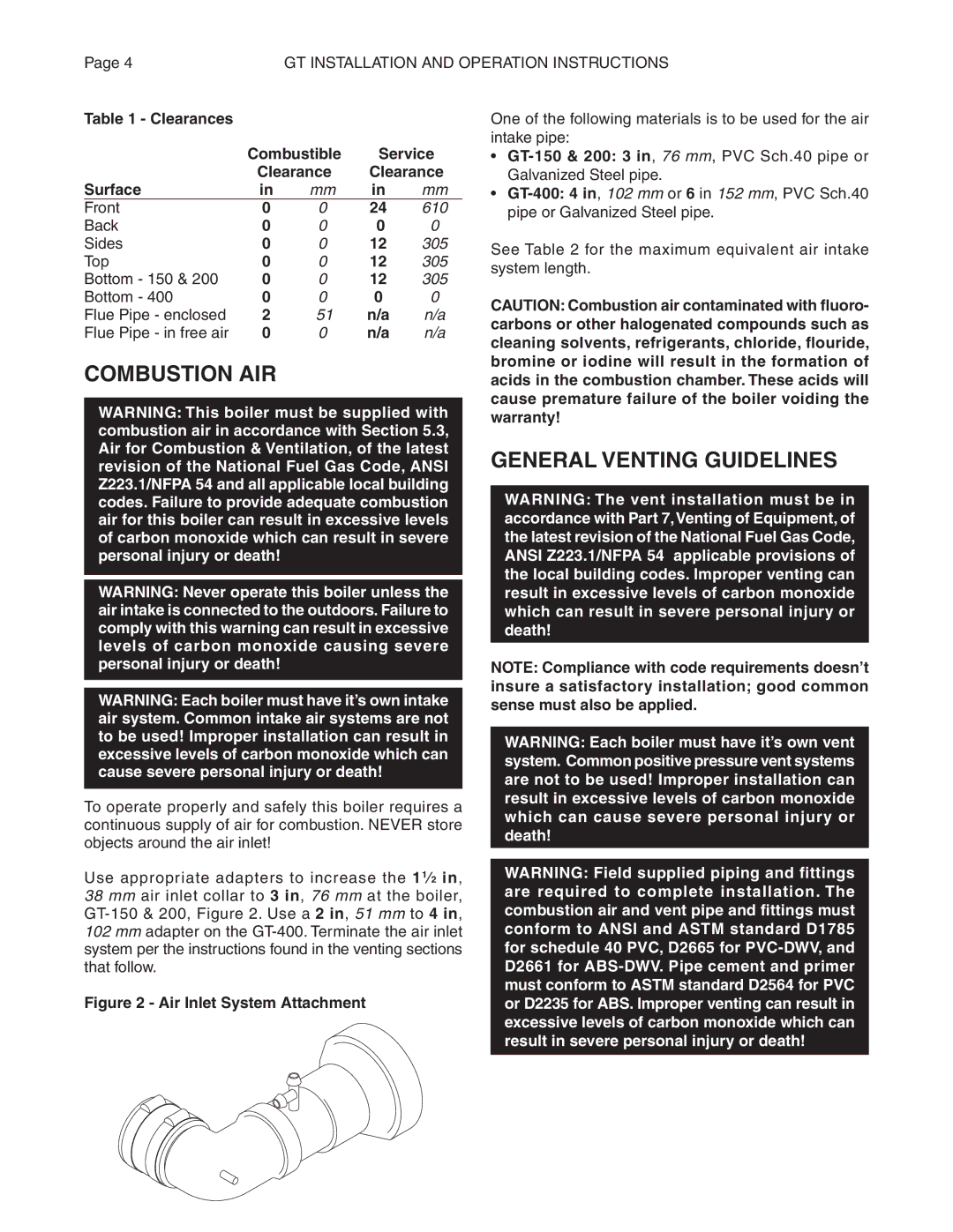 Smith Cast Iron Boilers GT Series manual Combustion AIR, General Venting Guidelines 