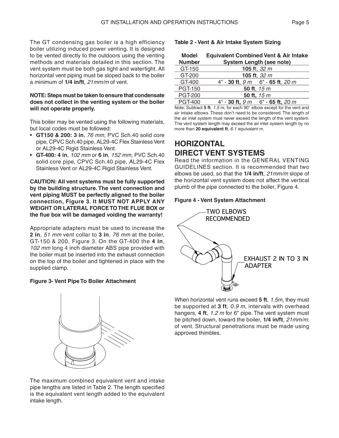 Smith Cast Iron Boilers GT Series manual Horizontal Direct Vent Systems 