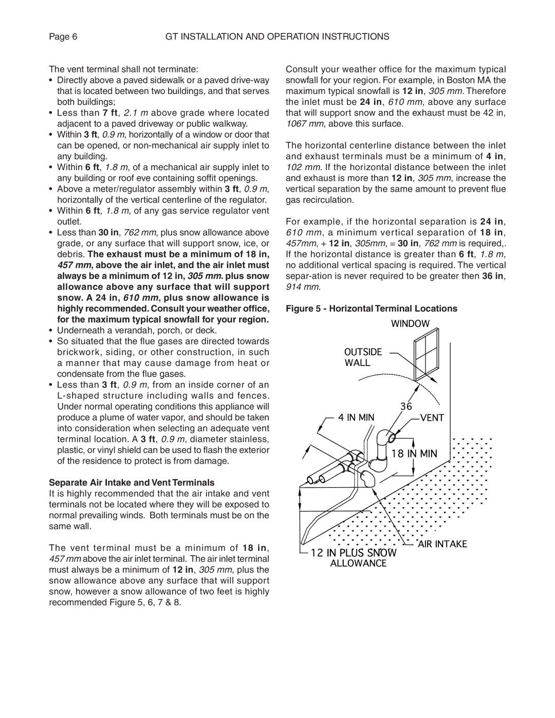 Smith Cast Iron Boilers GT Series manual Separate Air Intake and Vent Terminals, Horizontal Terminal Locations 