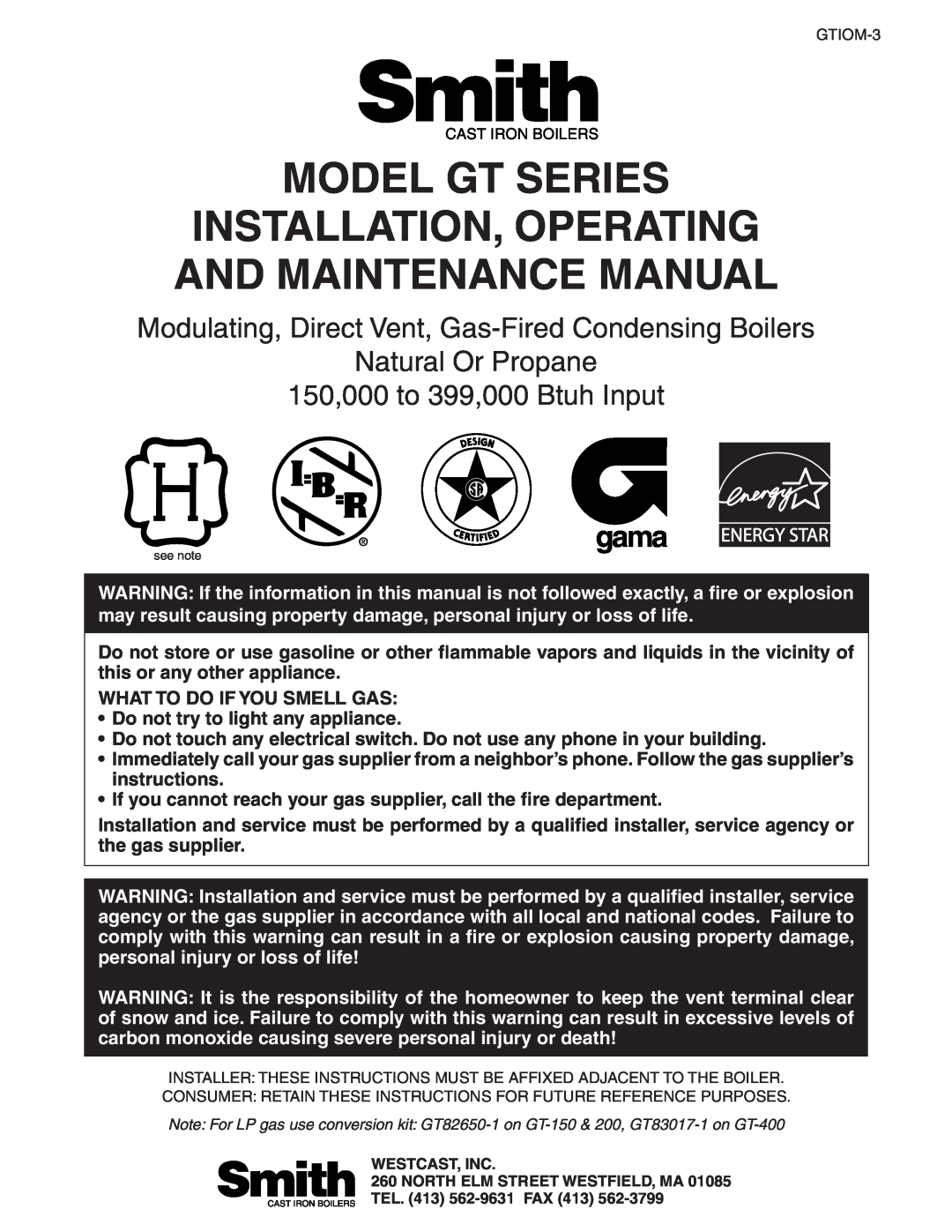 Smith Cast Iron Boilers GT Series manual Model Gt Series, Installation, Operating And Maintenance Manual, gama ENERGY STAR 