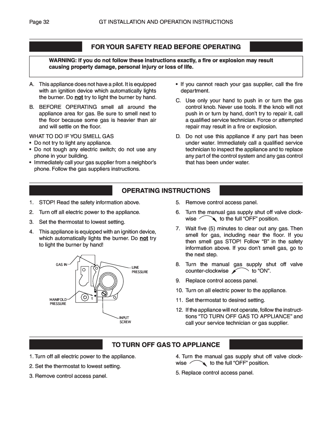 Smith Cast Iron Boilers GT Series manual For Your Safety Read Before Operating, Operating Instructions 