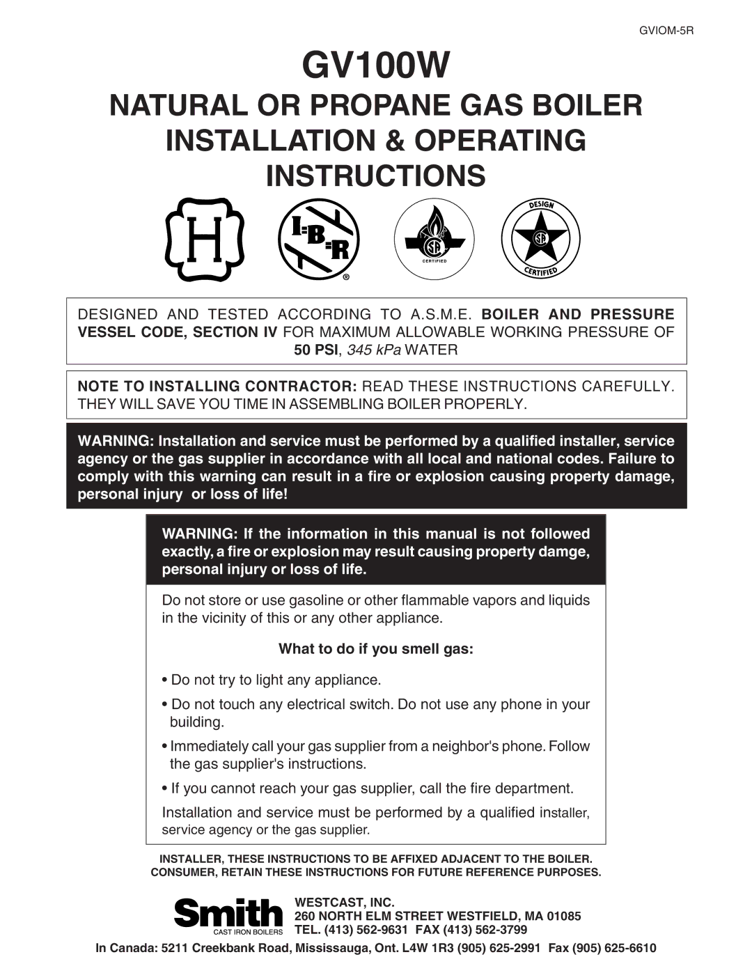 Smith Cast Iron Boilers GVIOM-5R manual GV100W 