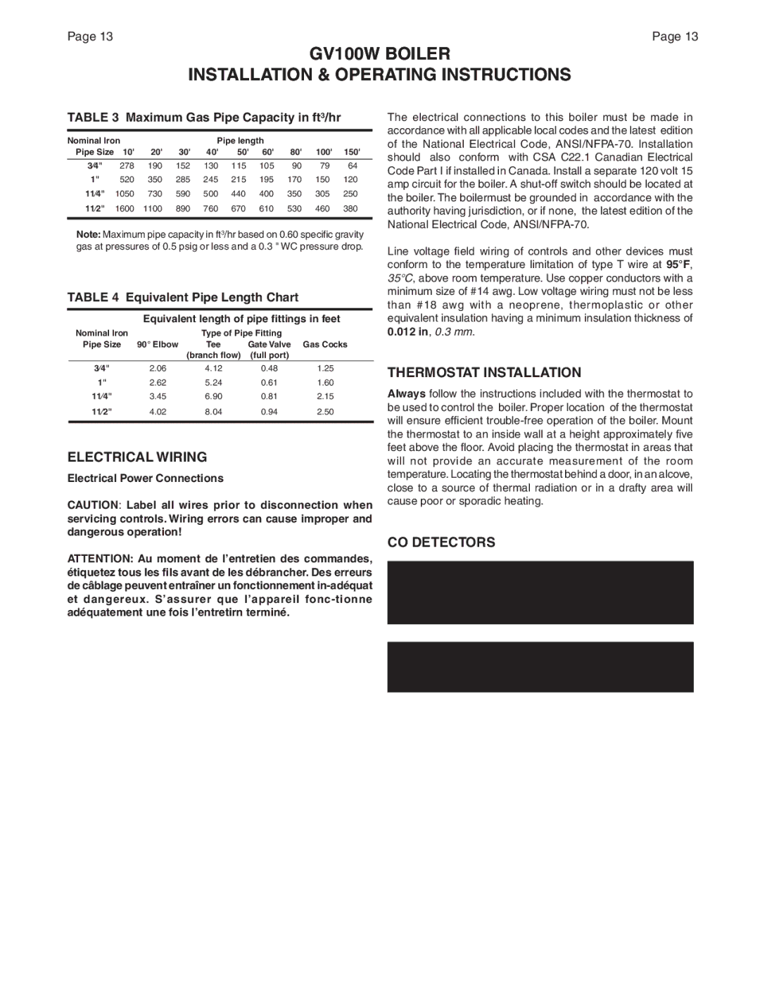 Smith Cast Iron Boilers GVIOM-5R Electrical Wiring, Thermostat Installation, CO Detectors, Equivalent Pipe Length Chart 