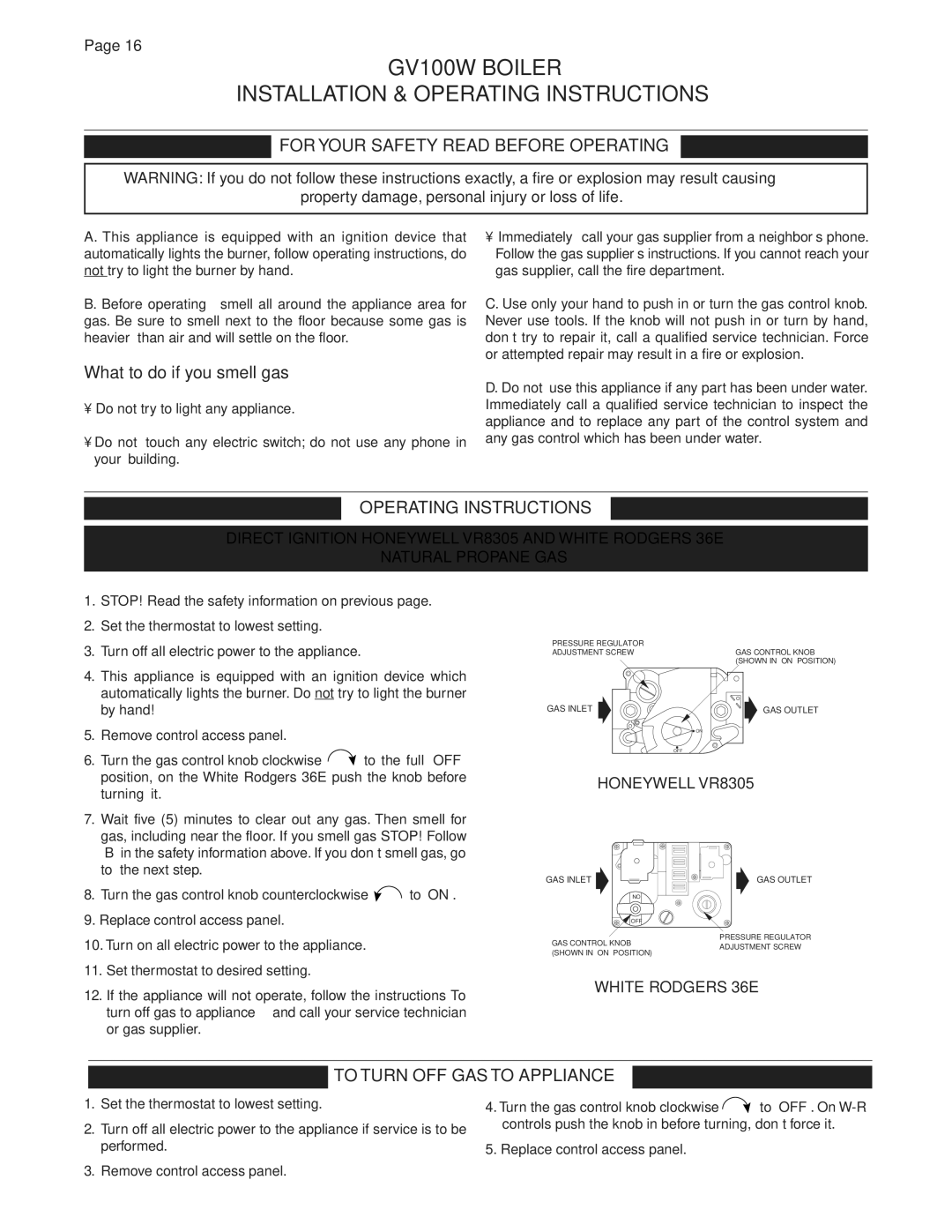 Smith Cast Iron Boilers GVIOM-5R manual For Your Safety Read Before Operating, Operating Instructions 