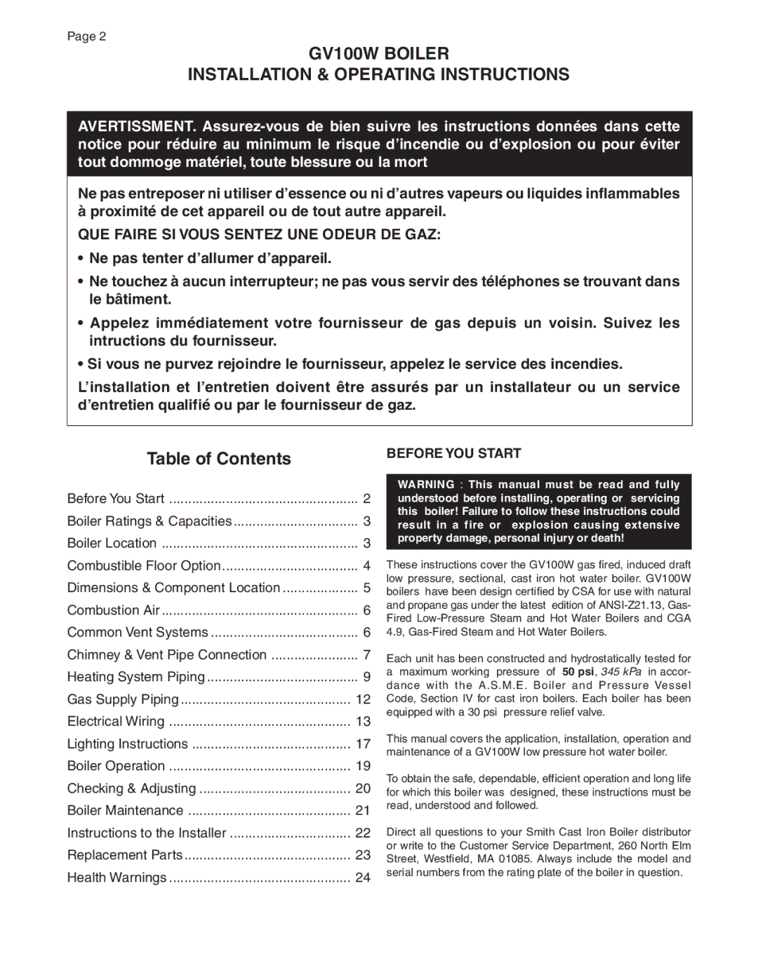 Smith Cast Iron Boilers GVIOM-5R manual GV100W Boiler Installation & Operating Instructions 